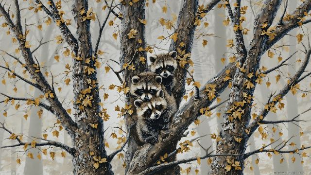 Raccoon Trio in the Birches wallpaper